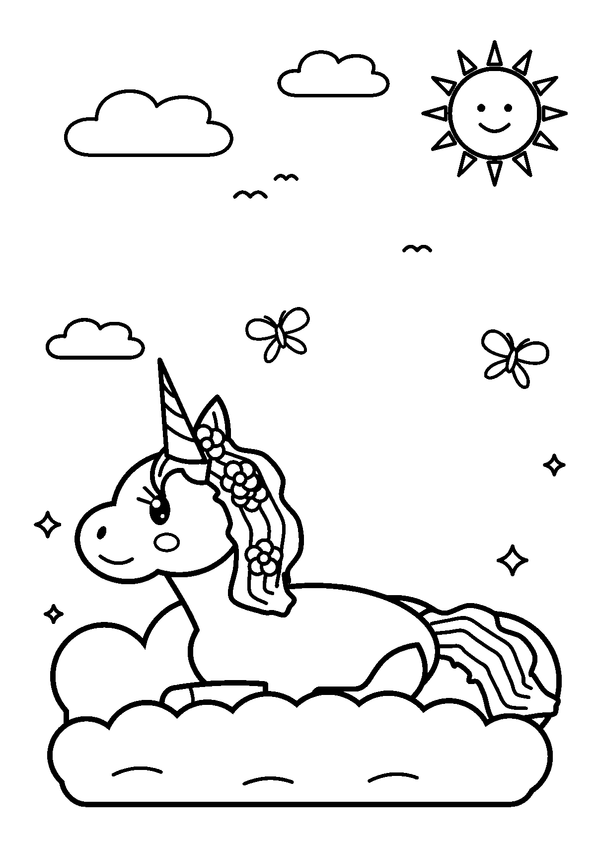 Coloriage d’une licorne couchée sur un nuage avec des fleurs dans la crinière, sous le soleil et les oiseaux