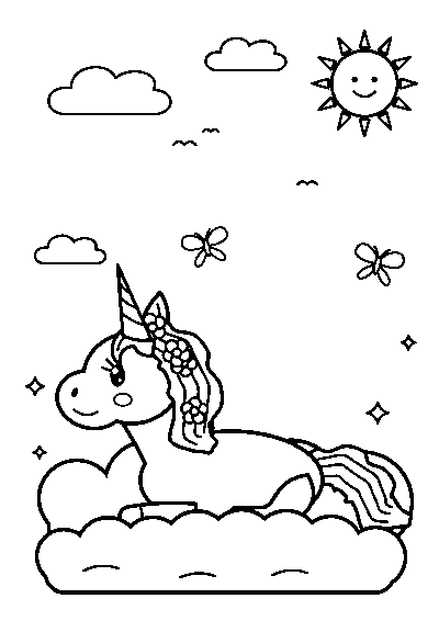 Coloriage d’une licorne couchée sur un nuage avec des fleurs dans la crinière, sous le soleil et les oiseaux