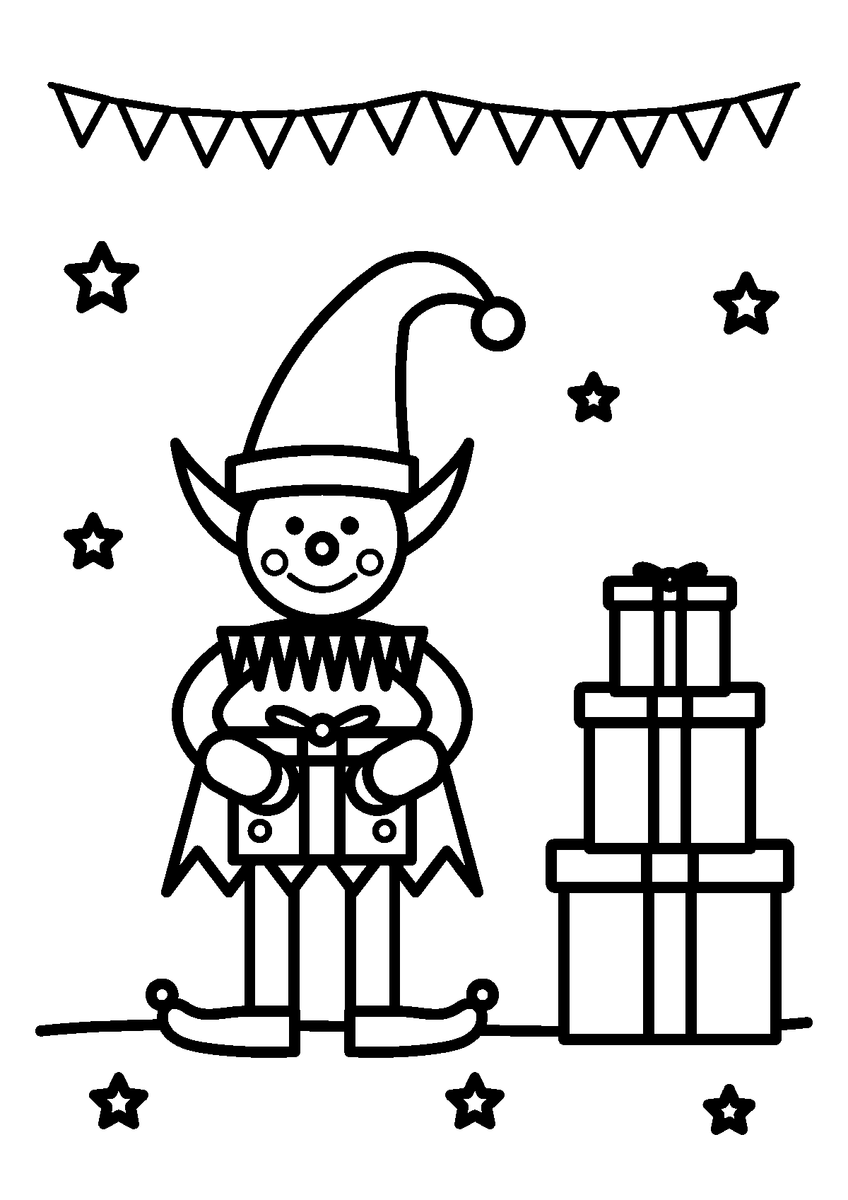 Coloriage d’un lutin de Noël qui tient un cadeau à côté d’une pile de trois cadeaux, sous une guirlande de fanions