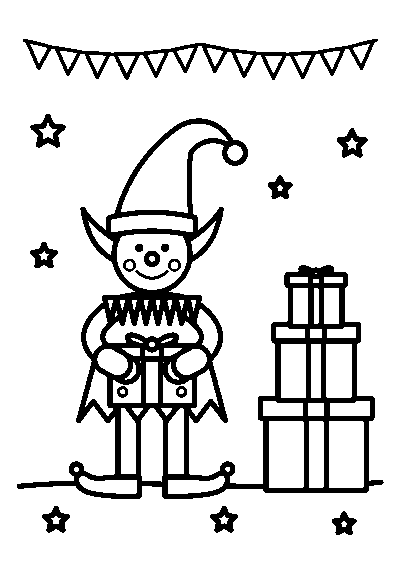 Coloriage d’un lutin de Noël qui tient un cadeau à côté d’une pile de trois cadeaux, sous une guirlande de fanions