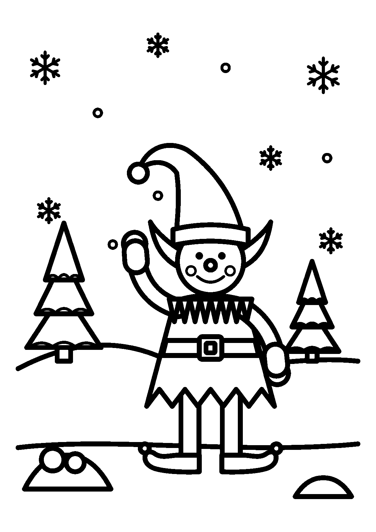 Coloriage d’un lutin de Noël qui fait coucou dans la neige entre deux sapins, sous des flocons