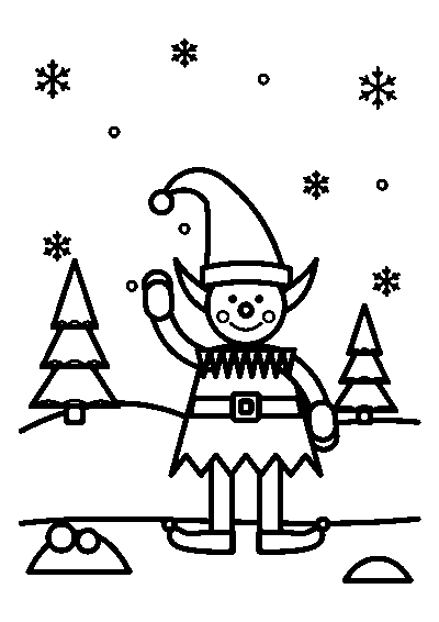 Coloriage d’un lutin de Noël qui fait coucou dans la neige entre deux sapins, sous des flocons