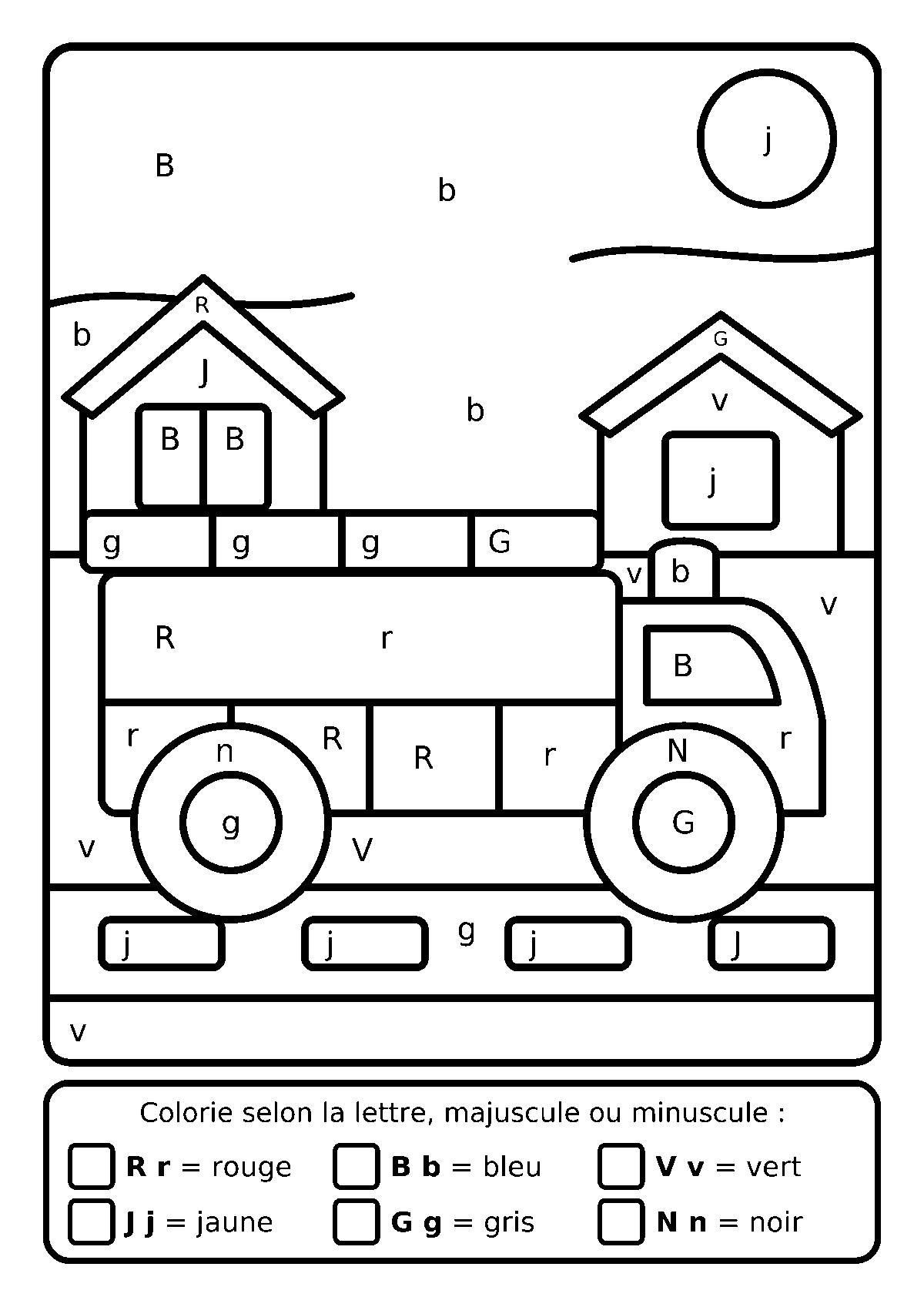 Coloriage magique d’un camion de pompiers devant des maisons avec des lettres majuscules et minuscules dans les zones