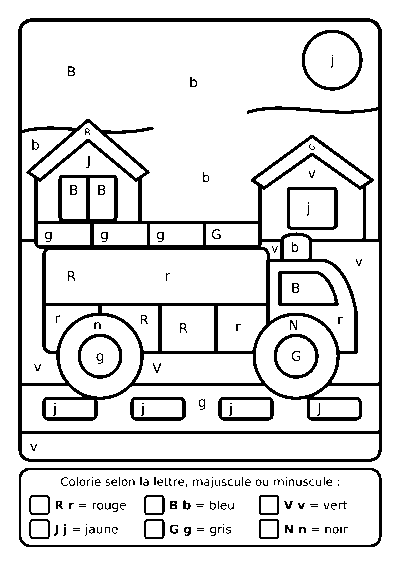 Coloriage magique d’un camion de pompiers devant des maisons avec des lettres majuscules et minuscules dans les zones
