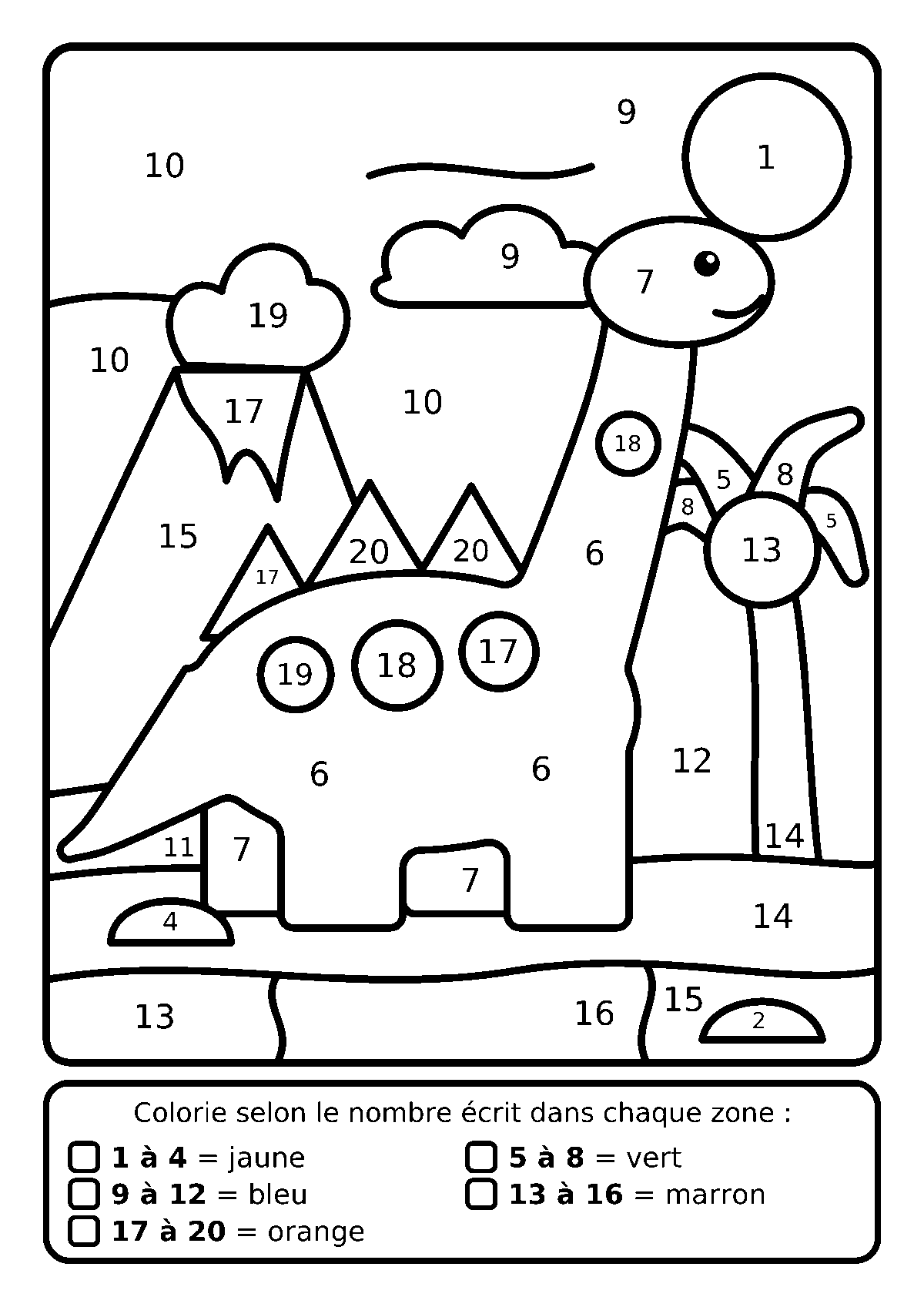 Coloriage magique d’un dinosaure devant un volcan avec des nombres jusqu’à 20 dans les zones et une légende par intervalles