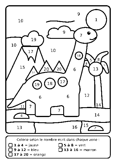 Coloriage magique d’un dinosaure devant un volcan avec des nombres jusqu’à 20 dans les zones et une légende par intervalles