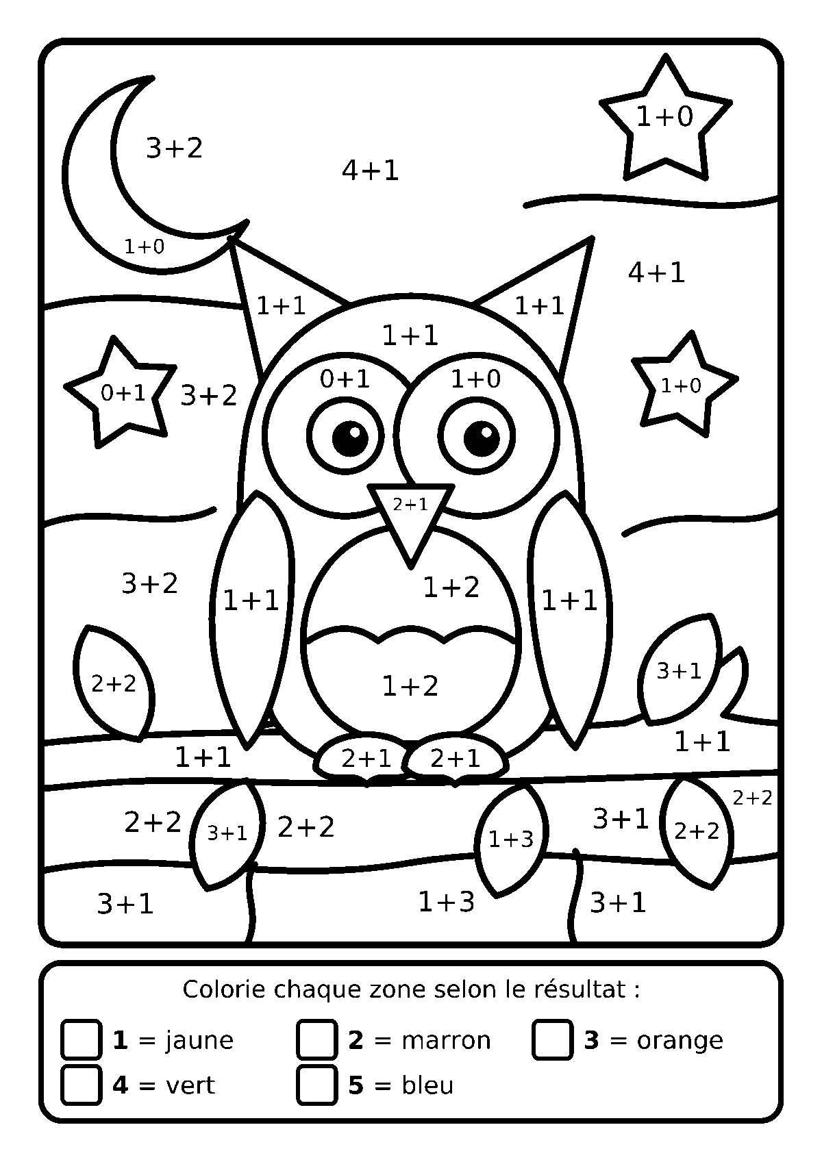 Coloriage magique d’un hibou sur une branche avec des additions jusqu’à 5 dans chaque zone et une légende de couleurs