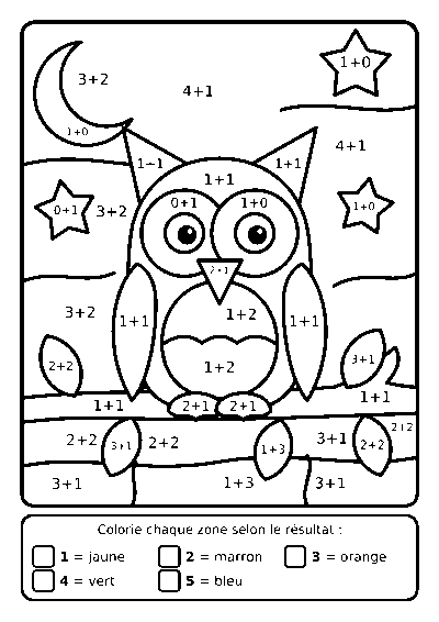 Coloriage magique d’un hibou sur une branche avec des additions jusqu’à 5 dans chaque zone et une légende de couleurs