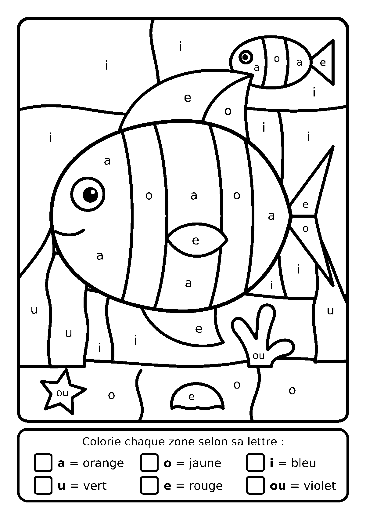 Coloriage magique d’un poisson rayé au fond de la mer avec des lettres dans chaque zone et une légende de couleurs