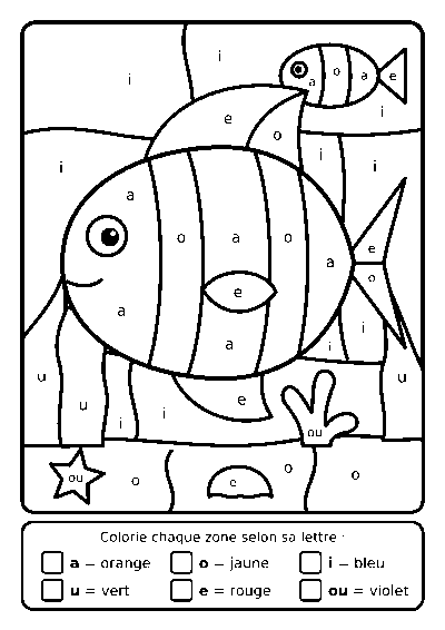 Coloriage magique d’un poisson rayé au fond de la mer avec des lettres dans chaque zone et une légende de couleurs