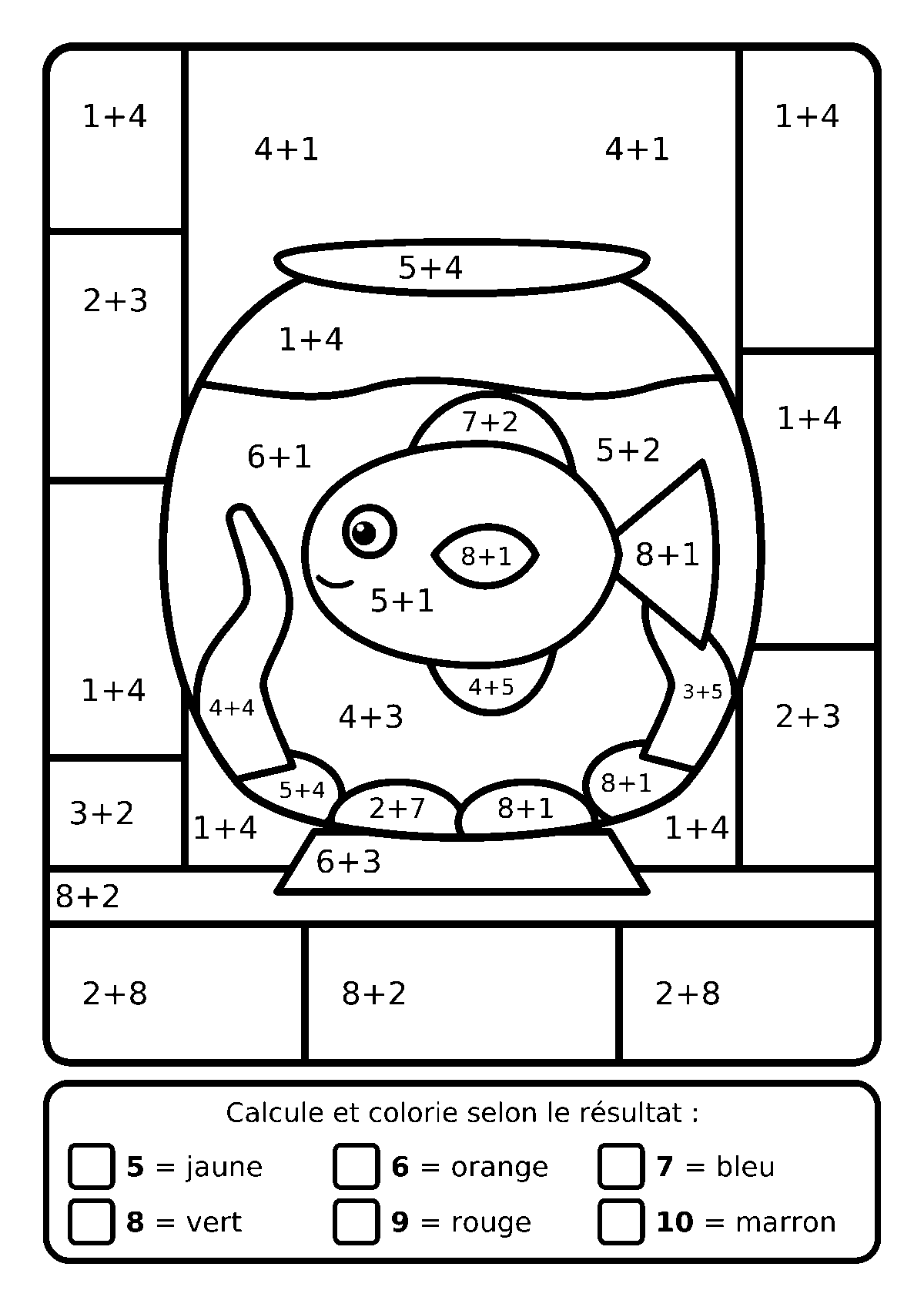 Coloriage magique d’un poisson rouge dans un bocal sur une table avec des additions jusqu’à 10 et une légende de couleurs