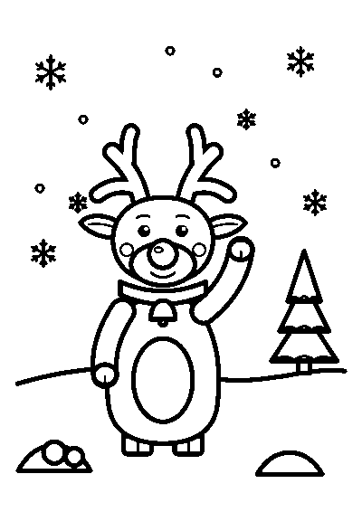 Coloriage d’un petit renne avec une clochette qui fait coucou dans la neige, à côté d’un sapin, avec des flocons
