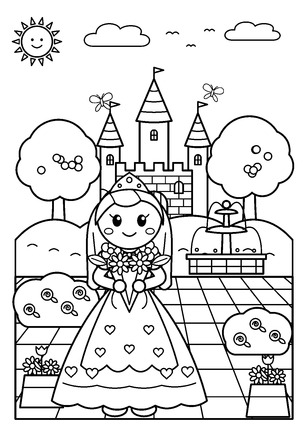 Coloriage d’une petite princesse avec un bouquet de fleurs dans le jardin d’un château avec une fontaine
