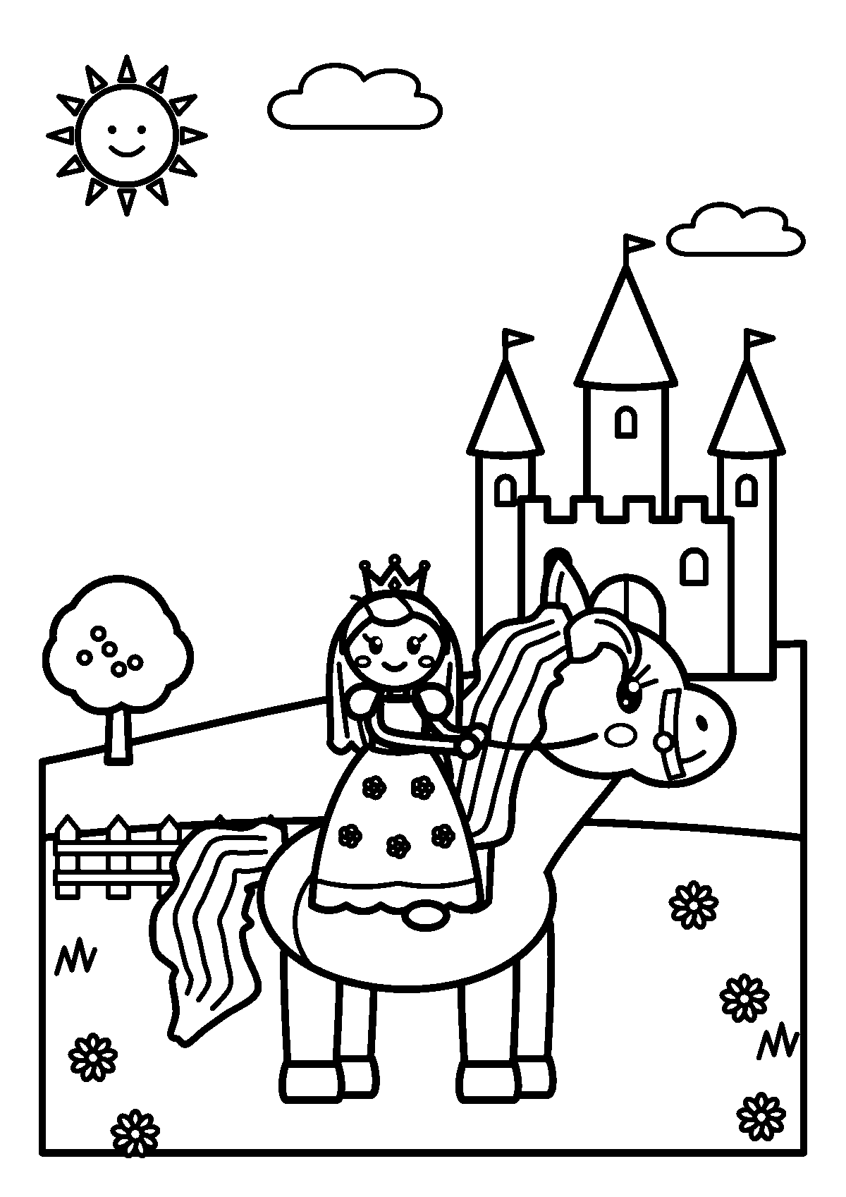 Coloriage d’une princesse qui monte à cheval devant un château, avec un arbre et une barrière