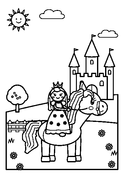 Coloriage d’une princesse qui monte à cheval devant un château, avec un arbre et une barrière