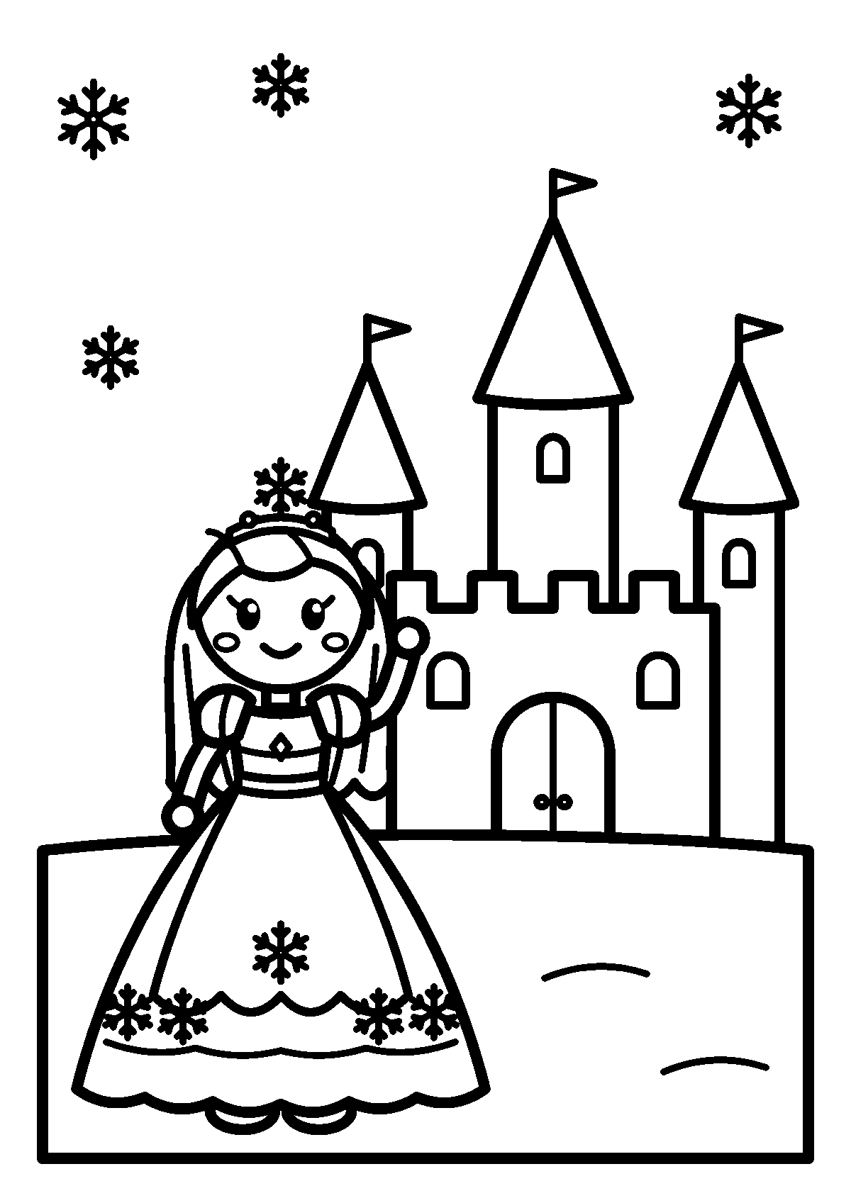 Coloriage d’une princesse des neiges avec un diadème en flocon qui fait coucou devant un château