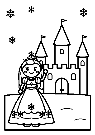 Coloriage d’une princesse des neiges avec un diadème en flocon qui fait coucou devant un château
