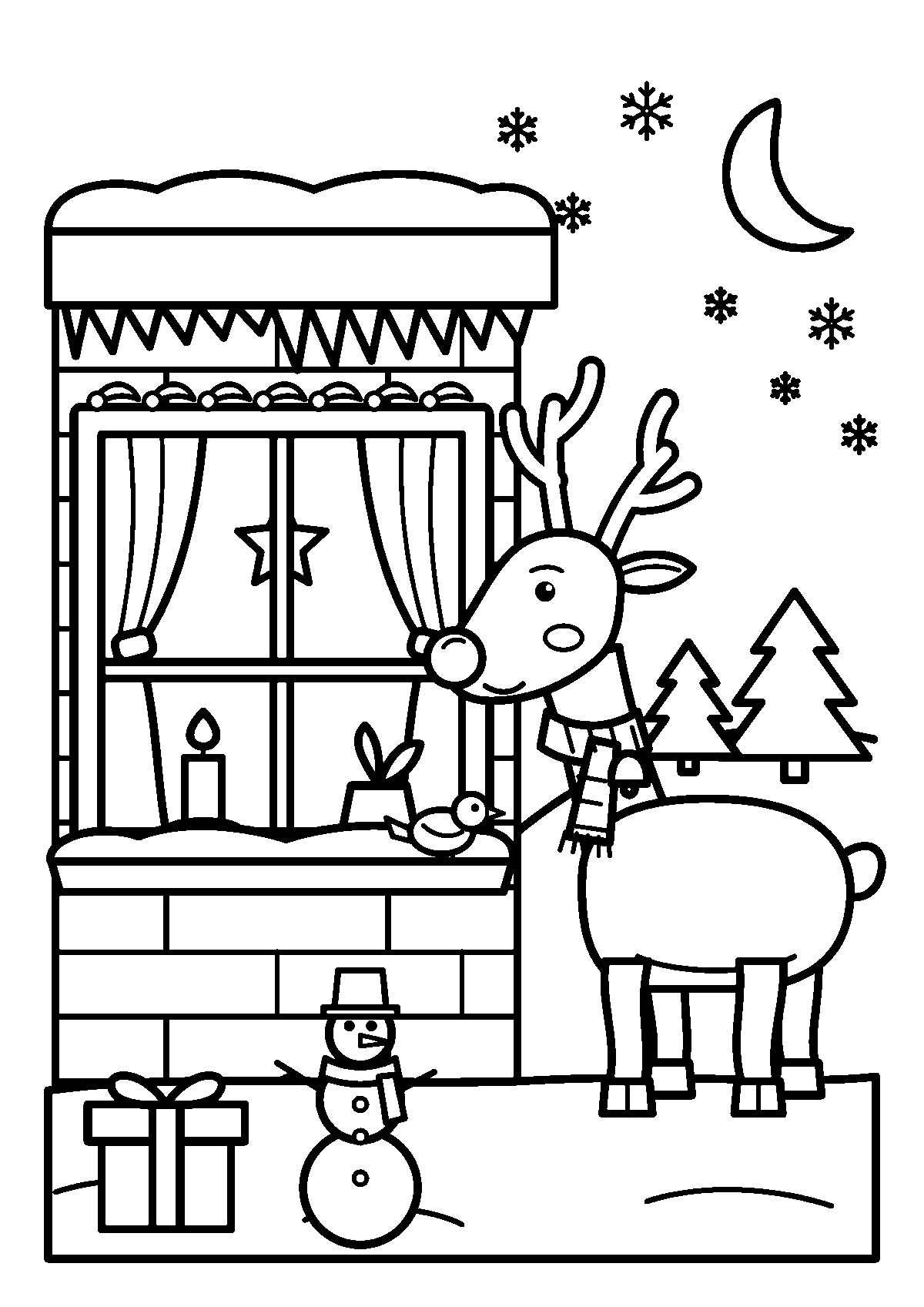 Coloriage d’un renne avec une écharpe devant la fenêtre enneigée d’un chalet, avec un bonhomme de neige et un cadeau