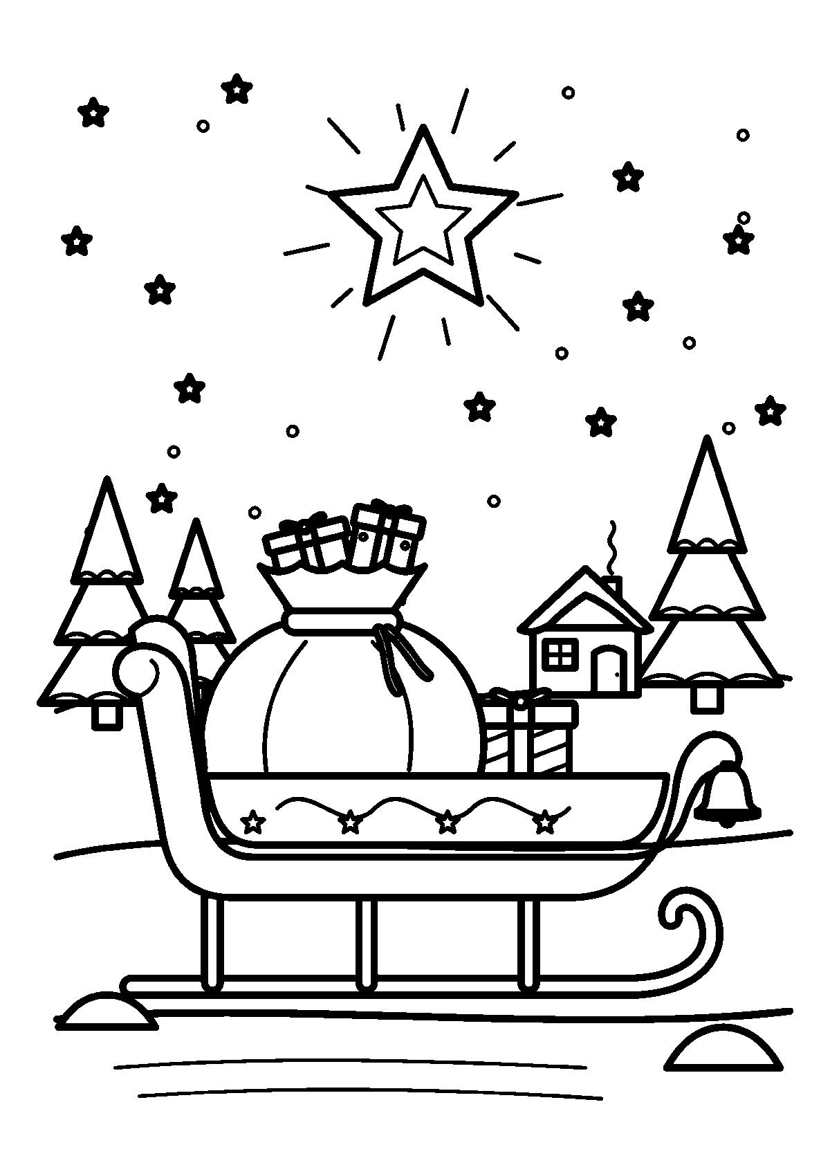 Coloriage du traîneau du Père Noël avec une hotte de cadeaux dans la neige, sous une grande étoile, avec des sapins et une maison